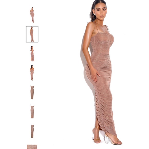 Miss Circle The Glint Rose Gold Ruched Chiffon Long Maxi Dress - Picture 4 of 8